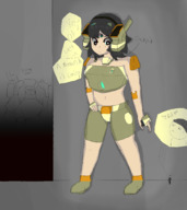 drawing black_hair color blue_eyes clothed short_hair looking_down dialogue looking_at_tiny bare_midriff gt_hive titanfall makava