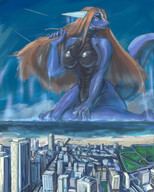 drawing giantess nude furry macro dragoness horns tail anthro city mega color large_breasts long_hair butt beach barefoot cleavage water ocean buildings wet brunette sitting painting clouds coast thighs outdoors sky semi_nude scalie bare_legs hesitate_(artist) bare_thighs hesitate buizel_licks_you frigid