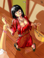 breasts drawing nipples black_hair color clothed cleavage glasses short_hair mini_giantess purse nail_polish necklace bracelet handled west