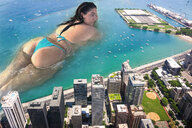 bikini giantess collage city mega black_hair color long_hair water ocean buildings high_angle lying_down boats aerial_view semi_nude in_water bare_legs tekitocreations bare_thighs nadia_aboulhosn