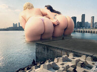 bikini collage blonde black_hair color long_hair butt ocean buildings short_hair giantesses river clouds outdoors sky tattoo semi_nude striped_panties bare_butt bare_legs tekitocreations bare_thighs ciyt mythiccal mysticbeingg