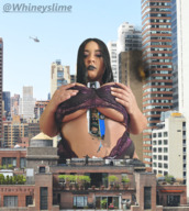 breasts growth giantess crush city mega black_hair handheld buildings helicopter breast_crush short_hair bus looking_down lipstick vehicles outdoors sky semi_nude looking_at_tinies heavy_eyeshadow starshot whineyslime