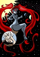 drawing crush nude space color long_hair butt destruction planet barefoot butt_crush red_eyes topless gloves red_hair twintails sideboob stars bare_butt warhammer_40k bare_back bare_legs drsgrowth bare_midriff sitting_on_tiny bare_thighs knarfdarf sororitas tau
