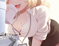 drawing gentle micro blushing size_difference blonde color large_breasts clothed cleavage skirt smiling short_hair office drink open_mouth jiggle leaning stairs cup shirt no_background ncmares yohomeboync yohomeboyraps raps lanyard keycord watercooler