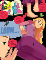 drawing gentle blonde comic color long_hair butt clothed barefoot green_eyes low_angle smiling lips kissing hand looking_down disney point_of_view tangled book handled rapunzel punishedmosquito sitting_on_tiny flynn_rider eugene