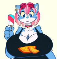breasts micro furry macro cat size_difference color large_breasts blue_eyes cleavage huge_breasts ducky pink_hair short_hair collar looking_down sunglasses piercing choker top ear_piercing popsicle looking_at_tiny cleavage_window between_breasts icecream duckydraws no_backgorund drwaing