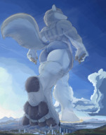 drawing giantess furry macro wolf giga tail anthro city color bridge destruction barefoot buildings low_angle paws short_hair foot_crush muscles shorts walking mountains clouds outdoors sky under_foot semi_nude bare_shoulders rear_view paw_pads strolling bare_back bare_legs scream_(artist) skimpy_clothes bare_thighs sportsbra bare_paws karawuff scream
