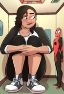 drawing giantess mega color long_hair butt jeans shoes brunette mini_giantess sitting pants sneakers dark_skin michelle indoors costume thick_thighs looking_at_tiny mary_jane spider-man marvel_comics smirking caiman2 peter_parker michelle_jones