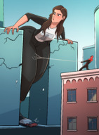 breasts drawing giantess city mega color large_breasts long_hair butt destruction clothed buildings jeans shoes brunette brown_eyes pants vehicles dark_skin michelle thighs outdoors sky costume looking_back vehicle_crush between_buildings bending_forward thick_thighs mary_jane spider-man marvel_comics caiman2 peter_parker webs michelle_jones