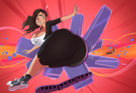 breasts drawing giantess crush city mega color large_breasts long_hair butt destruction cleavage buildings butt_crush jeans shoes brunette train pants dark_skin michelle costume rear_view thick_thighs looking_at_tiny mary_jane spider-man marvel_comics caiman2 doctor_octopus webs michelle_jones into_the_spider-verse oliva_octavius