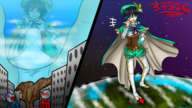 drawing feet earth space black_hair color giant male blue_eyes clothed planet toes smiling short_hair under_foot hat point_of_view cape stars highlights cosmic_giantess blue_highlights genshin_impact terra majoumegami genshin
