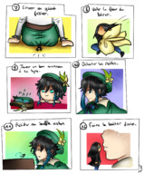 drawing crush comic black_hair color butt giant male blue_eyes clothed butt_crush short_hair kissing french flower hat breath highlights blue_highlights sitting_on_tiny genshin_impact majoumegami genshin venti