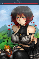 breasts drawing gentle black_hair color clothed red_eyes smiling love dress short_hair heart looking_down mountains clouds outdoors sky trees red_highlights looking_at_tiny highlights on_breasts between_breasts genshin_impact majoumegami genshin nolae childe