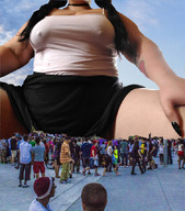 nipples giantess collage mega black_hair color clothed unknown_artist sitting twintails shorts canada tattoo choker nail_polish top crowds source_needed sitting_on_floor montreal bare_legs quebec
