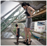 black_hair color clothed high_heels dress short_hair mini_giantess looking_down outdoors fierce-invalid seth looking_at_tiny digital_render sw
