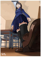 drawing color long_hair clothed skirt glasses shoes brunette low_angle socks unaware indoors point_of_view desks black_socks kisparlius sayaka_kanamori eizouken_ni_wa_te_wo_dasu_na