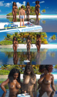 breasts nipples giantess nude size_difference black_hair color beach cleavage water ocean brunette topless island short_hair underboob looming giantesses boats dark_skin clouds outdoors sky sideboob in_water digital_render riojafan curls bare_legs bare_midriff motorboat bare_thighs mini_guy
