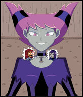 breasts drawing giantess color clothed buildings purple_hair smiling pink_hair raven teen_titans red_hair starfire pink_eyes shrunken_woman looking_down mountains indoors outdoors choker costume necklace looking_at_tiny dc_comics orange_skin grey_skin nightcore100 jinx_(teen_titans) magick