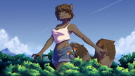 drawing gentle giantess furry macro tail anthro size_difference color large_breasts clothed cleavage fox smiling navel raccoon shorts airplane walking looking_down mountains pocket forest clouds stroll thighs outdoors sky trees top commission in_pocket bare_midriff raddaraem amber_eyes morgan_(raddaraem) bare_thighs scoggins