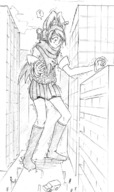 drawing growth giantess city mega monochrome black_hair destruction clothed skirt buildings gloves boots unknown_artist clouds outdoors sky ace_attorney source_needed kay_faraday grayscale