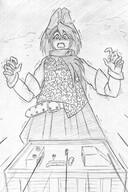 drawing growth giantess city mega monochrome black_hair destruction clothed buildings scared gloves boots unknown_artist looking_down outdoors ace_attorney belt kay_faraday looking_at_tinies grayscale