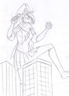 drawing growth giantess city mega monochrome black_hair destruction clothed skirt buildings gloves boots unknown_artist outdoors sky ace_attorney source_needed kay_faraday grayscale