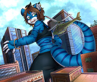 drawing giantess furry macro horns tail city mega tiger dragon color butt buildings helicopter green_eyes jeans brunette short_hair clouds outdoors sky looking_back sideboob top bracelet semi_nude rear_view bare_back blue villmix crazymangak microfan