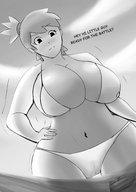 bikini breasts drawing giantess mega monochrome large_breasts cleavage water huge_breasts smiling camel_toe ponytail short_hair thong frankie_foster boats clouds sky dialogue semi_nude hands_on_hips in_water bare_legs fosters_home_for_imaginary_friends bare_midriff grayscale bare_thighs girlskando