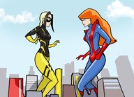breasts drawing giantess city mega blonde color long_hair butt destruction blue_eyes crossover buildings angry gloves red_hair ponytail boots fighting skyscraper giantesses clouds outdoors sky costume giant_girl orange_hair inspector97 mary_jane full_body_suit spider-man marvel_comics earth_20052 misterbigred miraculous_ladybug vesperia blue_eys gtslightningfarron