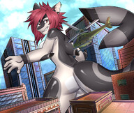 drawing giantess nude furry macro tail anthro shark city color butt buildings helicopter topless brown_eyes smiling red_hair short_hair piercings fangs piercing clouds outdoors sky looking_back sideboob ear_piercing rear_view bare_back bare_legs fins smirking bare_midriff villmix bare_thighs crazymangak furrygarry