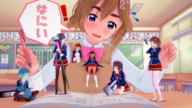 breasts blushing color blue_eyes clothed brunette short_hair school shrunken_woman indoors desk nail_polish book source_needed digital_render koikatsu