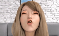 vore blonde color long_hair mouth lips shrunken_woman lipstick soft_vore indoors closed_eyes between_lips digital_render aaabbbzzz heavy_eyeshadow nude_tiny