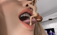 vore blonde color long_hair tongue mouth scared hand face shrunken_woman dangle soft_vore indoors handled digital_render aaabbbzzz sticking_out_tongue hang nude_tiny