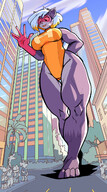 drawing gentle giantess white_hair furry macro cat anthro city mega color barefoot buildings superhero low_angle smiling ducky gloves short_hair muscles looking_down hero mask clouds stroll outdoors sky tinies visor highlights bare_legs looking_at_tinies duckydraws bare_thighs bare_paws bare_arms yellow_highlights