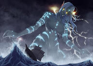 breasts drawing giantess nude mega color long_hair ocean blue_hair topless low_angle yellow_eyes smiling looming storm looking_down waves boats clouds outdoors sky monster_girl ships lightning fish glowing_eyes kaiju thunder bare_legs grey_skin fins zerohour99 bare_midriff looking_at_tinies monstergirl lure aquatic bare_thighs angler-fish bioluminescence mr-culexus kaisaizero dark_sclera kaiseizero