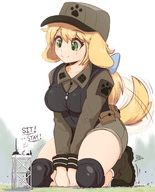 drawing gentle giantess macro tail mega blonde color large_breasts long_hair clothed green_eyes shoes military smiling boots sitting squatting shorts looking_down thighs outdoors hat jacket hank88 dialogue cap dog_girl knee_pads dog_ears wagging_tail looking_at_tinies ncmares yohomeboync yohomeboyraps raps bare_thighs tehsoular commands izumi