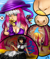 breasts drawing white_hair micro color long_hair clothed cleavage touhou smiling pink_hair gloves witch collar unaware nose maid_uniform clouds sky hat smelly bell nasal_vore cleavage_window koirvon majoumegami outdooor purple_gloves