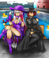 drawing black_hair color long_hair tongue cleavage red_eyes yellow_eyes smiling ice_cream pink_hair gloves short_hair boots witch sitting collar shrunken_people giantesses outdoors hat bell red_highlights highlights cleavage_window bare_legs white_highlights majoumegami purple_gloves nolae77