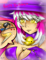 breasts drawing gentle color long_hair clothed cleavage yellow_eyes smiling pink_hair collar shrunken_man looking_down hat bell no_background looking_at_tiny highlights cleavage_window between_breasts white_highlights majoumegami