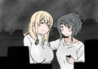 drawing giantess city mega blonde color long_hair clothed buildings purple_eyes smiling short_hair giantesses clouds night sky grey_hair closed_eyes rederic7