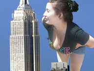 breasts giantess collage city mega blonde color clothed buildings unknown_artist shorts sky new_york_city bending_down empire_state_building source_needed hair_bun bare_legs looking_at_tinies