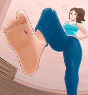 drawing feet color clothed toes barefoot soles green_eyes brunette low_angle ponytail unaware indoors point_of_view raised_foot perspective stuck_to_foot lurkingsize girlskando