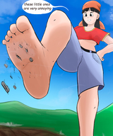giantess feet giga city black_hair long_hair destruction clothed toes barefoot buildings soles angry sweat shorts dragon_ball clouds outdoors sky under_foot raised_foot stuck_to_foot sweaty_feet bare_legs bare_midriff bandana girlskando pan_(dragon_ball)