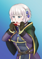 drawing white_hair vore color tongue blue_eyes mouth licking oral gloves short_hair hand shrunken_man holding mouth_play black_gloves cape commission handled fan_art rarayagts meteora pocketjuju
