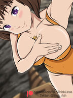 breasts drawing giantess blushing color cleavage brunette purple_eyes smiling short_hair looking_at_viewer leotard semi_nude bare_legs seven_deadly_sins between_breasts diane_(seven_deadly_sins) the_seven_deadly_sins bare_thighs richthicklines