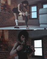gentle white_hair size_difference blonde black_hair color large_breasts long_hair clothed cleavage punk socks short_hair mini_giantess boots piercings window minigirl leather goth indoors tattoo choker nail_polish long_socks picked_up digital_render black_lips between_breasts breast_held emk3d