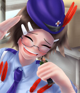 drawing blushing color penis clothed glasses brunette tiny smiling police short_hair hand men background indoors hat closed_eyes ace_attorney laugh handled salute kogochew gumshoe maggey_bryde