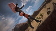 giantess dragon color long_hair desert tree pink_hair gloves ponytail boots hand fishnets sand clouds outdoors sky black_gloves black_boots semi_nude handled digital_render cleavage_window velocity-vektor