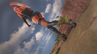 giantess dragon color long_hair desert pink_hair gloves ponytail boots hand fishnets sand clouds outdoors sky black_gloves trees black_boots semi_nude handled rear_view digital_render cleavage_window velocity-vektor