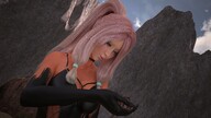 giantess dragon color long_hair blue_eyes cleavage desert pink_hair gloves ponytail hand fishnets clouds outdoors sky black_gloves semi_nude handled digital_render cleavage_window velocity-vektor heavy_eyeshadow